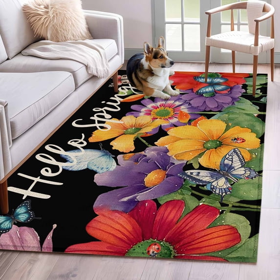 Area Rug for Living Room, Spring Flowers Non-Slip Indoor Large Carpet for Bedroom/Dining Room, Watercolor Country Colorful Floral Black Washable Low-Profile Rectangle Floor Runner Rugs - 4 x 6 Ft