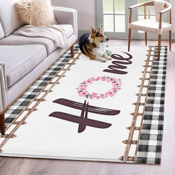 Area Rug for Living Room, Spring Flowers Non-Slip Indoor Large Carpet for Bedroom/Dining Room, Watercolor Floral Leaf Black Plaid Washable Low-Profile Rectangle Floor Mat Runner Rugs - 2.7 x 5 Ft