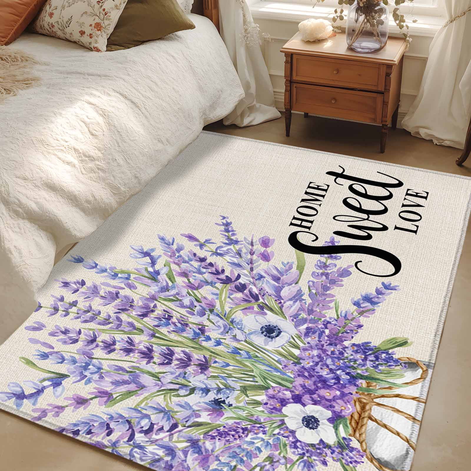 Lavender Rug Pattern Area Rug for Living Room, Spring Lavender Non-Slip Indoor Large Carpet ...