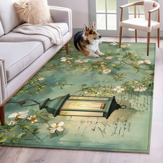 Area Rug for Living Room, Spring Leaves Non-Slip Indoor Large Carpet for Bedroom/Dining Room, Oil Light White Flowers Country Vintage Green Washable Low-Profile Floor Mat Runner Rugs - 2.7 x 5 Ft