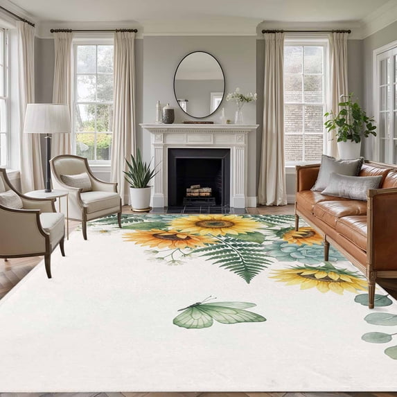 Area Rug for Living Room, Spring Sunflower Non-Slip Indoor Ex Large Carpet for Bedroom/Dining Room, Garden Botanical Leaves Butterflies Washable Low-Profile Rectangle Floor Runner Rugs - 8 x 10 Ft