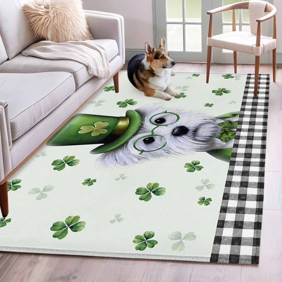 Area Rug for Living Room, St. Patrick's Day Non-Slip Indoor Large Carpet for Bedroom/Dining Room, Cute Puppy Lucky Shamrock Black Plaid Washable Low-Profile Rectangle Floor Runner Rugs - 4 x 6 Ft