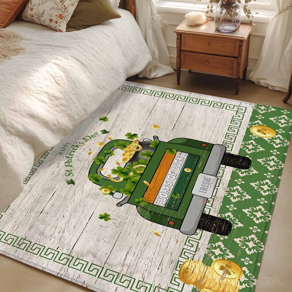 Area Rug for Living Room, St. Patrick's Day Non-Slip Indoor Large Carpet for Bedroom/Dining Room, Green Shamrock Truck Gold Coin Wood Washable Low-Profile Rectangle Floor Runner Rugs - 4 x 6 Ft