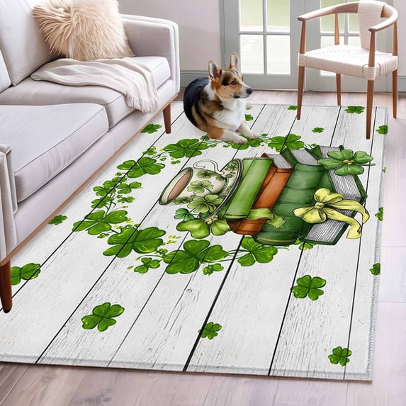 Area Rug for Living Room, St Patrick's Day Non-Slip Indoor Large Carpet for Bedroom/Dining Room, Lucky Shamrock Leaf Books Coffee Cups Wooden Washable Low-Profile Floor Mat Runner Rugs - 2.7 x 5 Ft