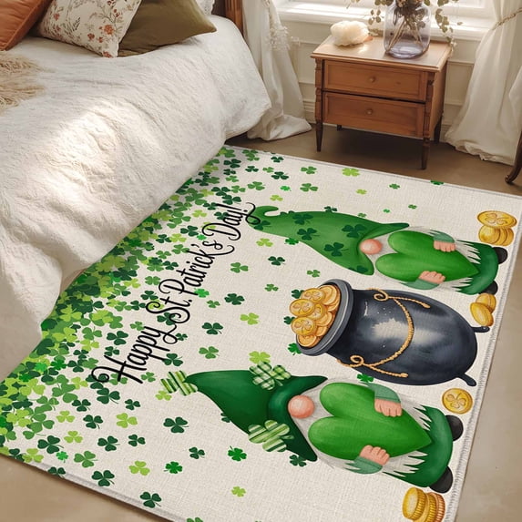 Area Rug for Living Room, St. Patrick's Day Non-Slip Indoor Large Carpet for Bedroom/Dining Room, Spring Lucky Shamrocks Gnomes Vintage Washable Low-Profile Rectangle Floor Mat Runner Rugs - 3 x 5 Ft