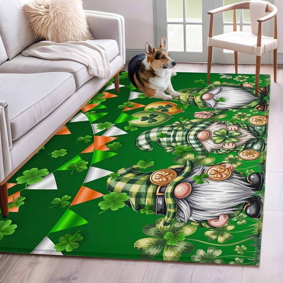 Area Rug for Living Room, St. Patrick's Day Non-Slip Indoor Large Carpet for Bedroom/Dining Room, Spring Shamrock Gnomes Balloons Flag Green Washable Rectangle Floor Runner Rugs - 4 x 6 Ft