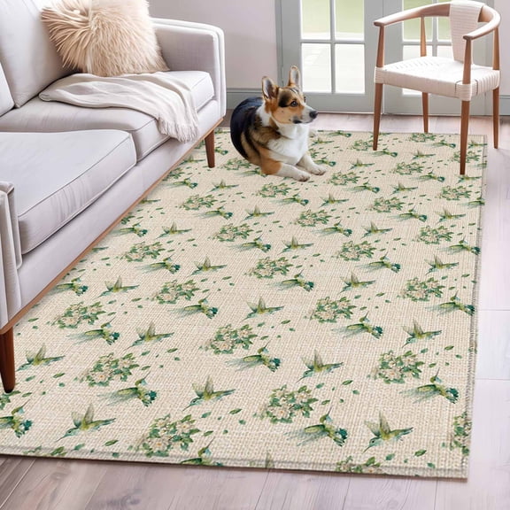 Area Rug for Living Room, Summer Botanical Non-Slip Indoor Large Carpet for Bedroom/Dining Room, Green Spring Floral Birds Rustic Washable Low-Profile Rectangle Floor Mat Runner Rugs - 3 x 5 Ft