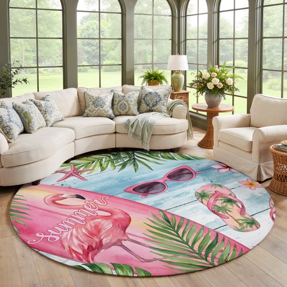 Area Rug for Living Room Summer Flamingo Surfboard Washable Round Rug 5ft, Soft Non-Slip Cushion Rugs Chenille Sponge, Beach Leaf Flower Blue Wood Floor Carpet for Bedroom Dining Room Office Nursery