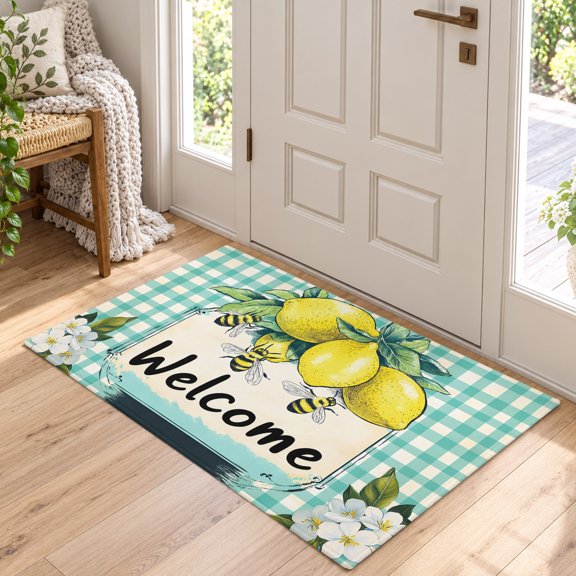 Area Rug for Living Room Summer Lemon Farm Bee Washable Rug 2x3ft, Soft Non-Slip Cushion Rugs Chenille Sponge, Welcome Quote on Teal Plaid Floor Carpet for Bedroom Dining Room Office Nursery Home