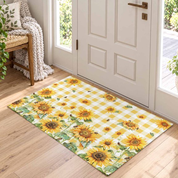 Area Rug for Living Room Sunflower on Yellow White Plaid Washable Rug 2x3ft, Soft Non-Slip Cushion Rugs Chenille Sponge, Country Abstract Flower Floor Carpet for Bedroom Dining Room Office Nursery