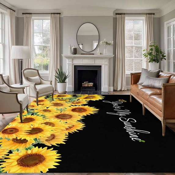 Area Rug for Living Room, Sunflowers Non-Slip Indoor Ex Large Carpet for Bedroom/Dining Room, Yellow Summer Botanical Elegant Pastoral Washable Low-Profile Rectangle Floor Runner Rugs - 8 x 10 Ft