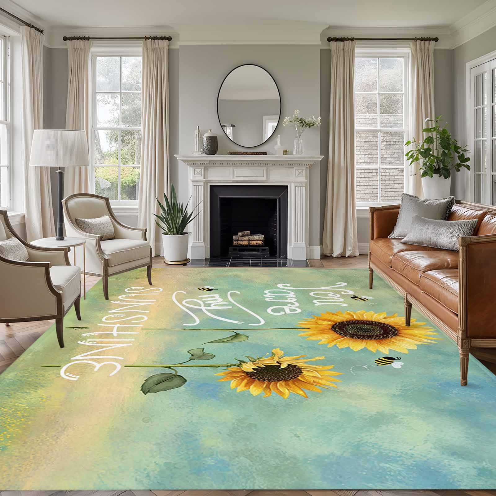 Sunshine Rug Area Rug for Living Room, Sunflowers Non-Slip Indoor Large Carpet for ...