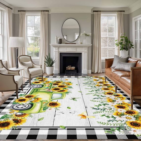 Area Rug for Living Room, Sunflowers Non-Slip Indoor Large Carpet for Bedroom/Dining Room, Spring Farmhouse Country Truck Leaf Wood Grain Washable Low-Profile Rectangle Floor Runner Rugs - 6 x 9 Ft