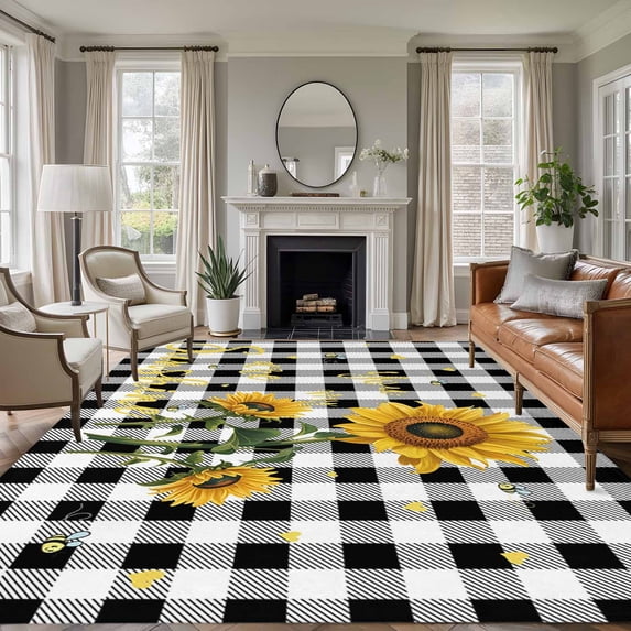 Area Rug for Living Room, Sunflowers Non-Slip Indoor Large Carpet for Bedroom/Dining Room, Spring Summer Bees Floral Black Plaid Washable Low-Profile Rectangle Floor Runner Rugs - 5 x 7 Ft