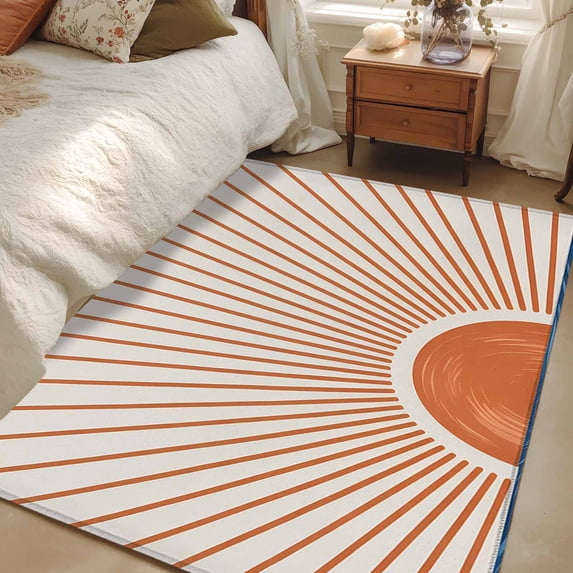 Area Rug for Living Room, Sunlight Lines Non-Slip Indoor Large Carpet for Bedroom/Dining Room, Orange Sunset Abstract Striped Art Washable Low-Profile Rectangle Floor Runner Rugs - 4 x 6 Ft