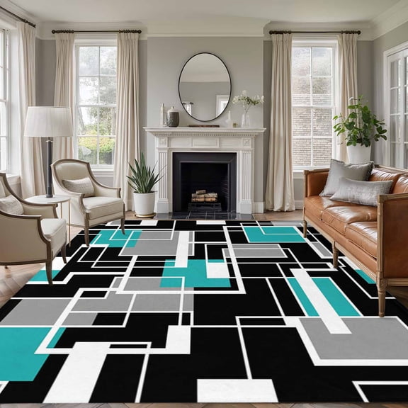 Area Rug for Living Room, Teal Blue Black Geometric Non-Slip Indoor Large Carpet for Bedroom/Dining Room, Modern Abstract Art Block Washable Low-Profile Rectangle Floor Runner Rugs - 6 x 9 Ft