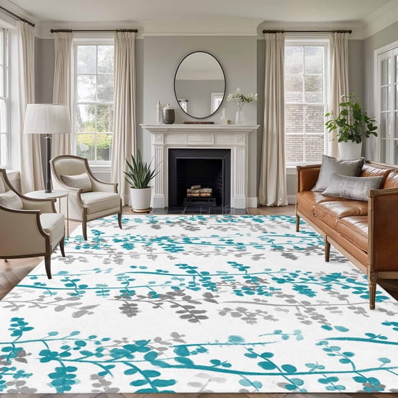Area Rug for Living Room, Teal Blue Grey Botanical Non-Slip Indoor Large Carpet for Bedroom/Dining Room, Spring Floral Summer Farmhouse Washable Low-Profile Rectangle Floor Runner Rugs - 6 x 9 Ft