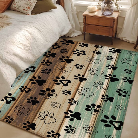 Area Rug for Living Room, Teal Brown Non-Slip Indoor Large Carpet for Bedroom/Dining Room, Pet Paw Printed Farmhouse Dog Claws Wood Grain Washable Low-Profile Rectangle Floor Runner Rugs - 4 x 6 Ft