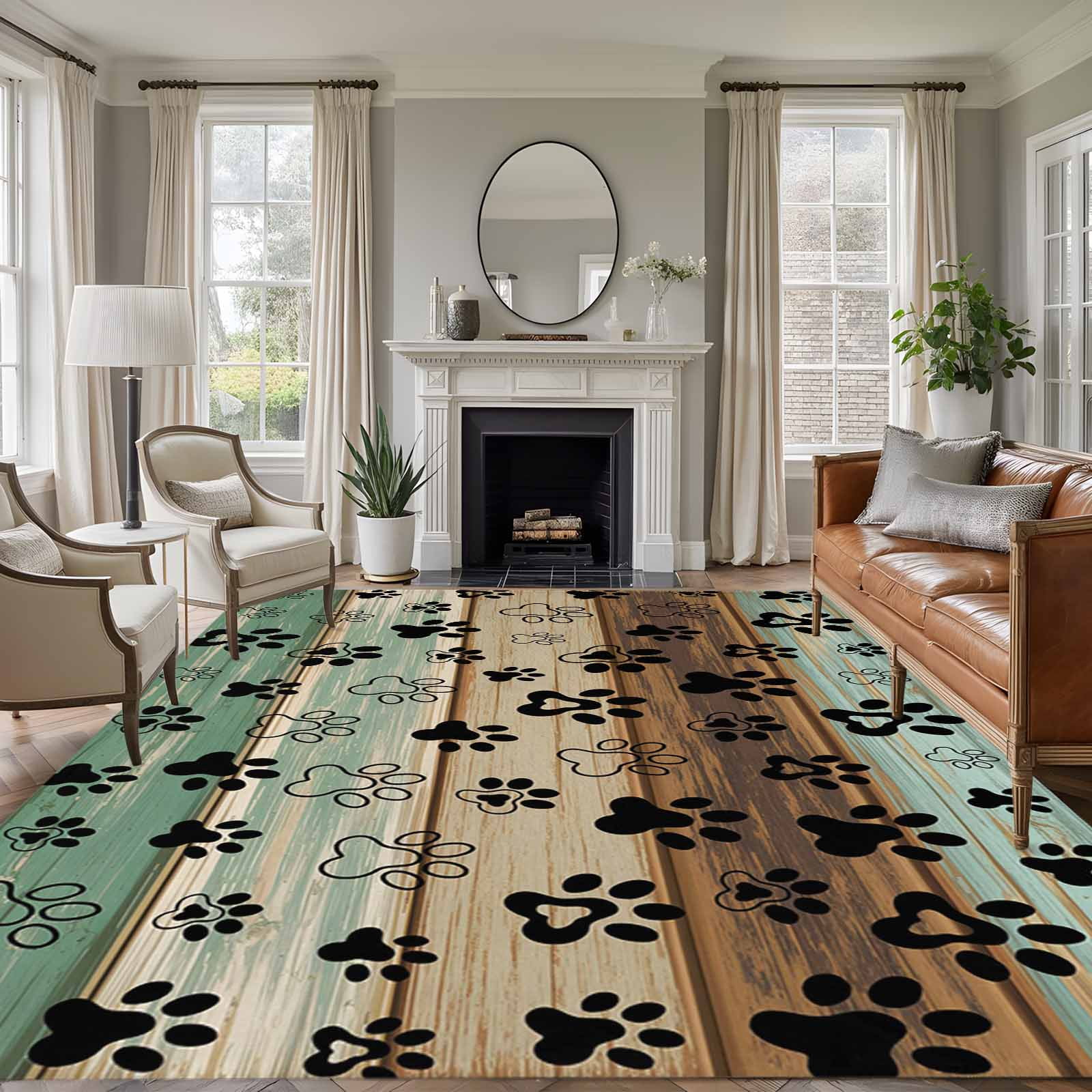 Area Rug for Living Room, Teal Brown Non-Slip Indoor Large Carpet for Bedroom/Dining Room, Pet Paw Printed Farmhouse Dog Claws Wood Grain Washable Low-Profile Rectangle Floor Runner Rugs - 5 x 8 Ft