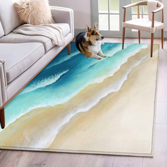 Area Rug for Living Room, Teal Gradient Ocean Non-Slip Indoor Large Carpet for Bedroom/Dining Room, Ombre Watercolor Coastal Beach Waves Washable Low-Profile Rectangle Floor Runner Rugs - 4 x 6 Ft
