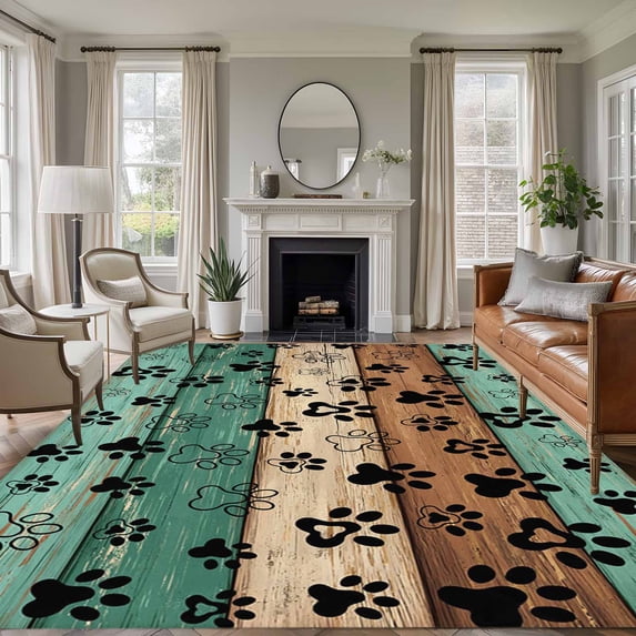 Area Rug for Living Room, Teal Green Brown Non-Slip Indoor Large Carpet for Bedroom/Dining Room, Farmhouse Dog Paw Vintage Washable Low-Profile Rectangle Floor Runner Rugs - 5 x 7 Ft