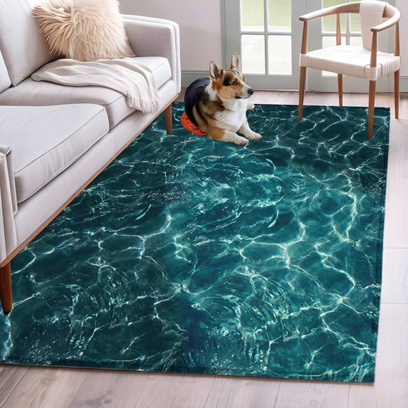Area Rug for Living Room, Teal Green Ocean Waves Non-Slip Indoor Large Carpet for Bedroom/Dining Room, Red Boat Coastal Washable Low-Profile Rectangle Floor Runner Rugs - 4 x 6 Ft