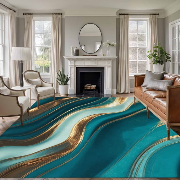 Area Rug for Living Room, Teal Marble Non-Slip Indoor Large Carpet for Bedroom/Dining Room, Modern Abstract Gold Fluid Art Washable Low-Profile Rectangle Floor Runner Rugs - 5 x 8 Ft