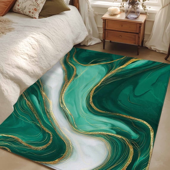 Area Rug for Living Room, Teal Marble Non-Slip Indoor Large Carpet for Bedroom/Dining Room, Modern Ombre Gold White Abstract Fluid Art Washable Low-Profile Floor Mat Runner Rugs - 2.7 x 5 Ft