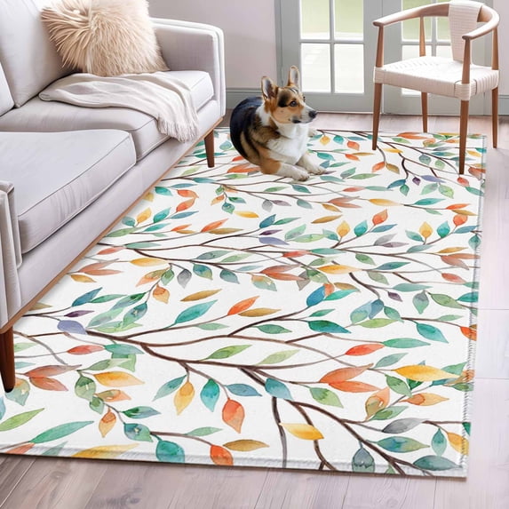 Area Rug for Living Room, Teal Orange Eucalyptus Non-Slip Indoor Large Carpet for Bedroom/Dining Room, Weeping Botanical Leaves Washable Low-Profile Rectangle Floor Runner Rugs - 4 x 6 Ft