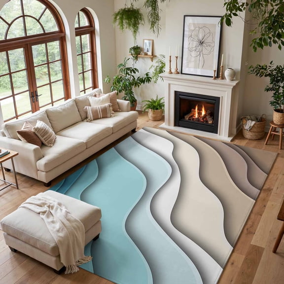 Area Rug for Living Room Teal Stripes Gradient Water Ripple Washable Rug 5x7ft, Soft Non-Slip Cushion Rugs, Brown Abstract Geometric Modern Art Floor Carpet for Bedroom Dining Room Office Nursery