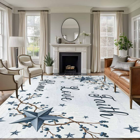 Area Rug for Living Room, Texas Star Country Non-Slip Indoor Large Carpet for Bedroom/Dining Room, Blue Farmhouse Branches Washable Low-Profile Rectangle Floor Runner Rugs - 6 x 9 Ft
