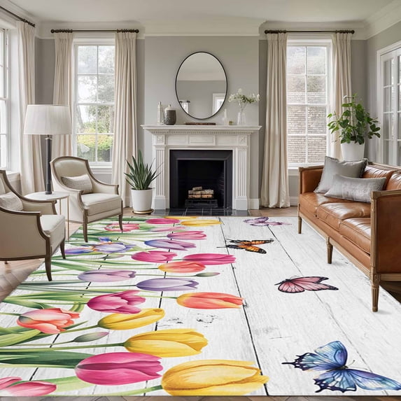 Area Rug for Living Room, Tulips Spring Floral Non-Slip Indoor Large Carpet for Bedroom/Dining Room, Pastoral Flowers Butterfly Wooden Washable Low-Profile Rectangle Floor Runner Rugs - 6 x 9 Ft