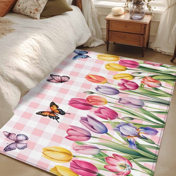 Area Rug for Living Room, Tulips Spring Floral Non-Slip Indoor Large Carpet for Bedroom/Dining Room, Pink Plaid Flowers Butterfly Pastoral Washable Low-Profile Floor Mat Runner Rugs - 2.7 x 5 Ft