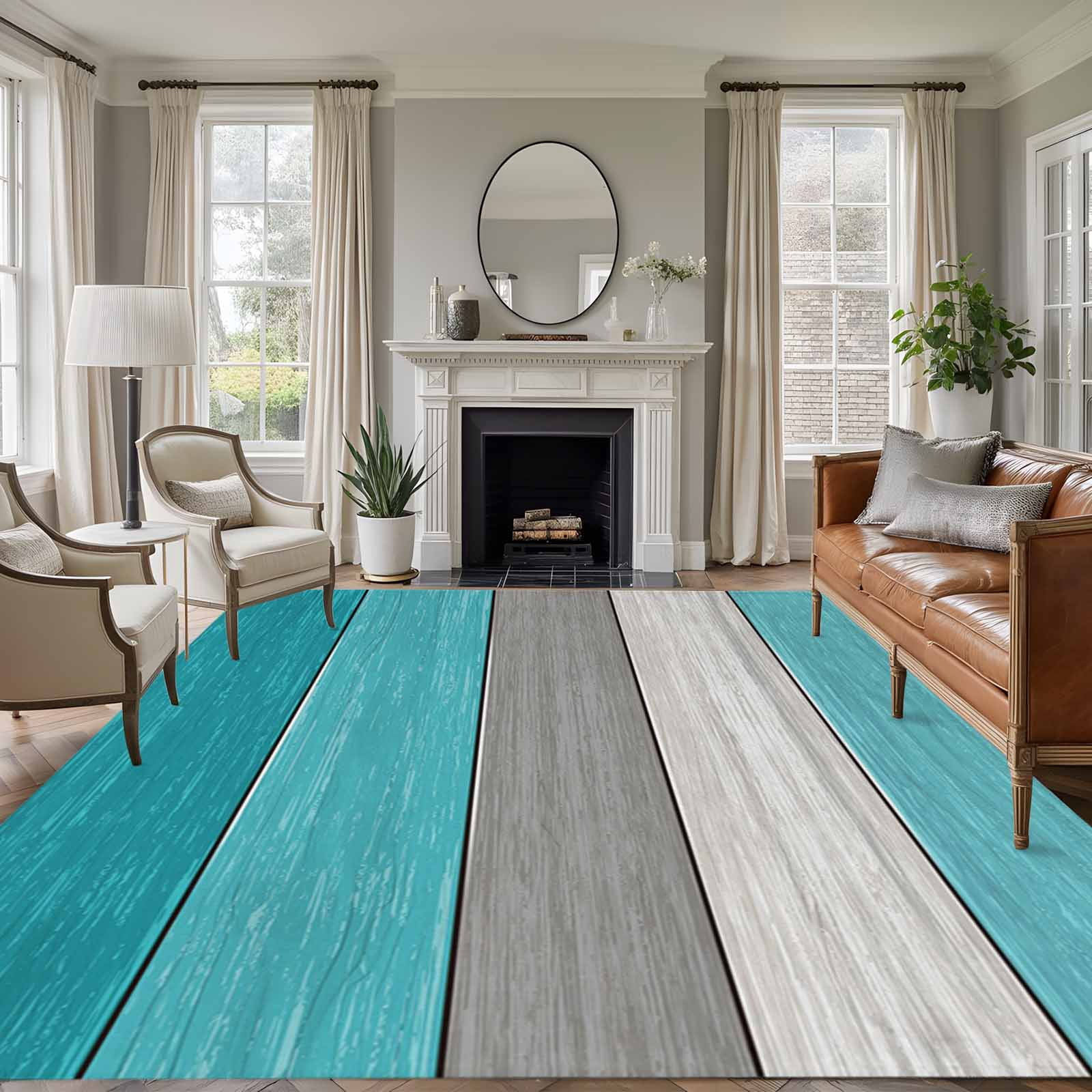 Area Rug for Living Room, Turquoise Wood Grain Non-Slip Indoor Large Carpet for Bedroom/Dining Room, Country Retro Wooden Plank Gray Washable Low-Profile Rectangle Floor Runner Rugs - 6 x 9 Ft