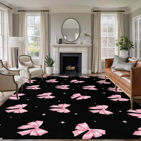 Area Rug for Living Room, Valentine's Day Non-Slip Indoor Ex Large Carpet for Bedroom/Dining Room, Pink Bows Shining Stars Modern Black Washable Low-Profile Rectangle Floor Runner Rugs - 8 x 10 Ft