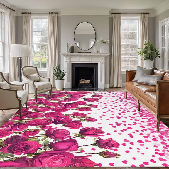 Area Rug for Living Room, Valentine's Day Non-Slip Indoor Ex Large Carpet for Bedroom/Dining Room, Pink Roses Love Hearts Romantic Washable Low-Profile Rectangle Floor Runner Rugs - 8 x 10 Ft