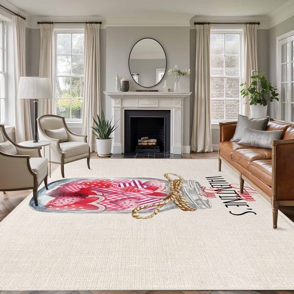 Area Rug for Living Room, Valentine's Day Non-Slip Indoor Ex Large Carpet for Bedroom/Dining Room, Rustic Pink Love Hearts Bottle Burlap Washable Low-Profile Rectangle Floor Runner Rugs - 8 x 10 Ft