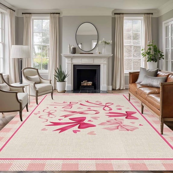Area Rug for Living Room, Valentine's Day Non-Slip Indoor Large Carpet for Bedroom/Dining Room, Pink Bows Romantic Love Heart Vintage Plaid Washable Low-Profile Rectangle Floor Runner Rugs - 5 x 7 Ft