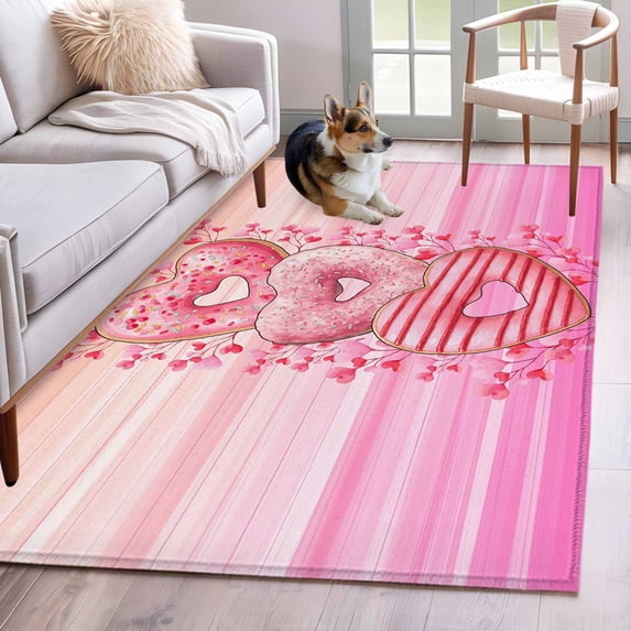 Area Rug for Living Room, Valentine's Day Non-Slip Indoor Large Carpet for Bedroom/Dining Room, Pink Gradient Love Hearts Desserts Washable Low-Profile Rectangle Floor Mat Runner Rugs - 3 x 5 Ft