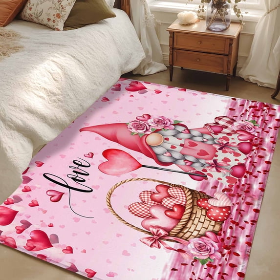 Area Rug for Living Room, Valentine's Day Non-Slip Indoor Large Carpet for Bedroom/Dining Room, Pink Love Gnomes Roses Ombre Romantic Washable Low-Profile Rectangle Floor Mat Runner Rugs - 2.7 x 5 Ft