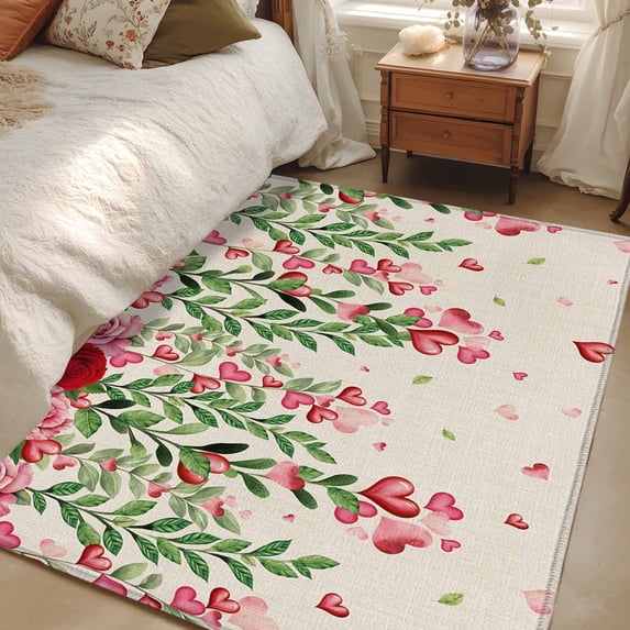Area Rug for Living Room, Valentine's Day Non-Slip Indoor Large Carpet for Bedroom/Dining Room, Pink Red Roses Love Heart Eucalyptus Burlap Washable Low-Profile Rectangle Floor Runner Rugs - 4 x 6 Ft