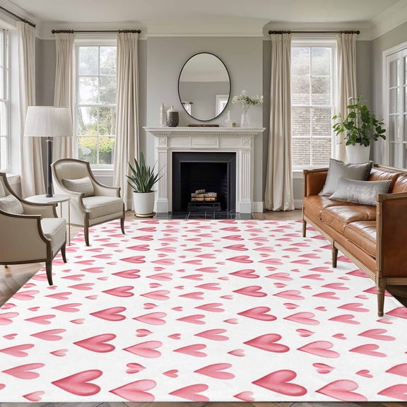 Area Rug for Living Room, Valentine's Day Non-Slip Indoor Large Carpet for Bedroom/Dining Room, Pink Roman Love Heart Watercolor Washable Low-Profile Rectangle Floor Runner Rugs - 6 x 9 Ft