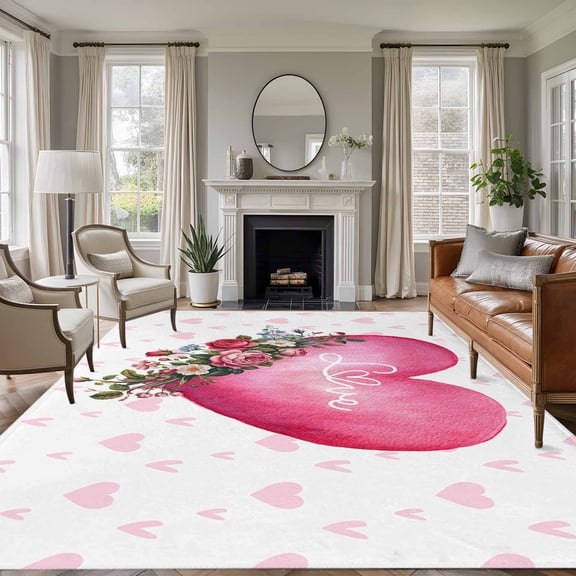 Area Rug for Living Room, Valentines Day Non-Slip Indoor Ex Large Carpet for Bedroom/Dining Room, Pink Love Hearts Roses Floral Farmhouse Washable Low-Profile Rectangle Floor Runner Rugs - 8 x 10 Ft