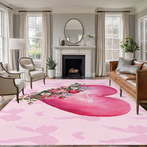 Area Rug for Living Room, Valentines Day Non-Slip Indoor Ex Large Carpet for Bedroom/Dining Room, Pink Love Hearts Roses Floral Romantic Washable Low-Profile Rectangle Floor Runner Rugs - 8 x 10 Ft