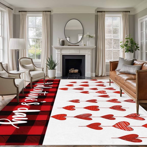 Area Rug for Living Room, Valentines Day Non-Slip Indoor Ex Large Carpet for Bedroom/Dining Room, Red Love Hearts Plaid Farmhouse Washable Low-Profile Rectangle Floor Runner Rugs - 8 x 10 Ft