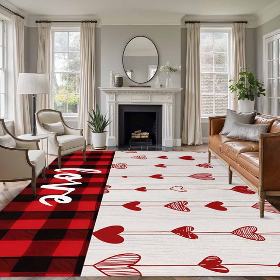 Area Rug for Living Room, Valentines Day Non-Slip Indoor Ex Large Carpet for Bedroom/Dining Room, Red Love Hearts Wooden Plaid Rustic Washable Low-Profile Rectangle Floor Runner Rugs - 8 x 10 Ft