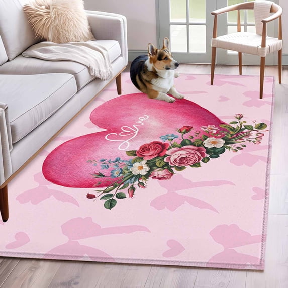 Area Rug for Living Room, Valentines Day Non-Slip Indoor Large Carpet for Bedroom/Dining Room, Pink Love Hearts Roses Floral Romantic Washable Low-Profile Rectangle Floor Mat Runner Rugs - 2.7 x 5 Ft