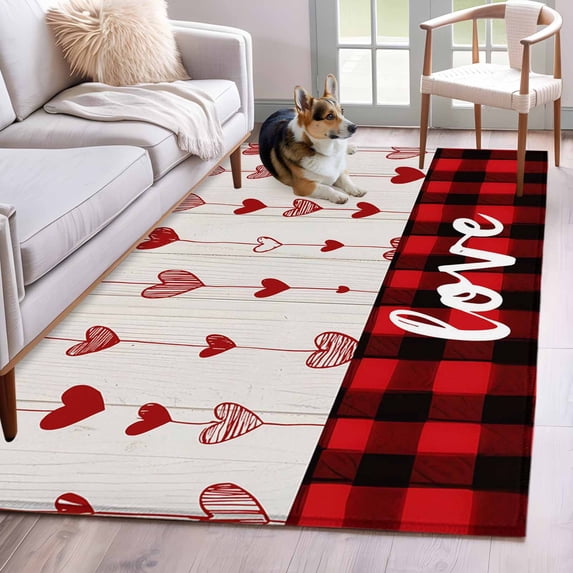 Area Rug for Living Room, Valentines Day Non-Slip Indoor Large Carpet for Bedroom/Dining Room, Red Love Hearts Wooden Plaid Rustic Washable Low-Profile Rectangle Floor Runner Rugs - 4 x 6 Ft