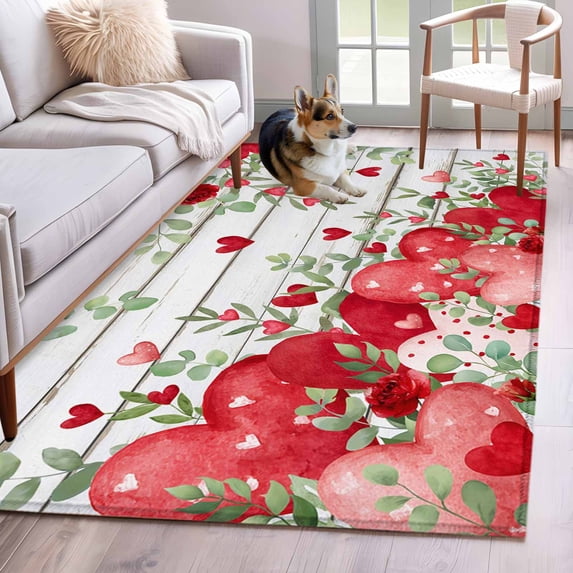Area Rug for Living Room, Valentines Love Heart Non-Slip Indoor Large Carpet for Bedroom/Dining Room, Retro Red Eucalyptus Botanical Washable Low-Profile Rectangle Floor Runner Rugs - 4 x 6 Ft