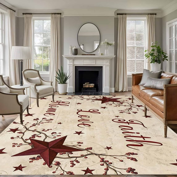 Area Rug for Living Room, Vintage Country Non-Slip Indoor Large Carpet for Bedroom/Dining Room, Vintage Rustic Texas Stars Plants Branch Washable Low-Profile Rectangle Floor Runner Rugs - 6 x 9 Ft